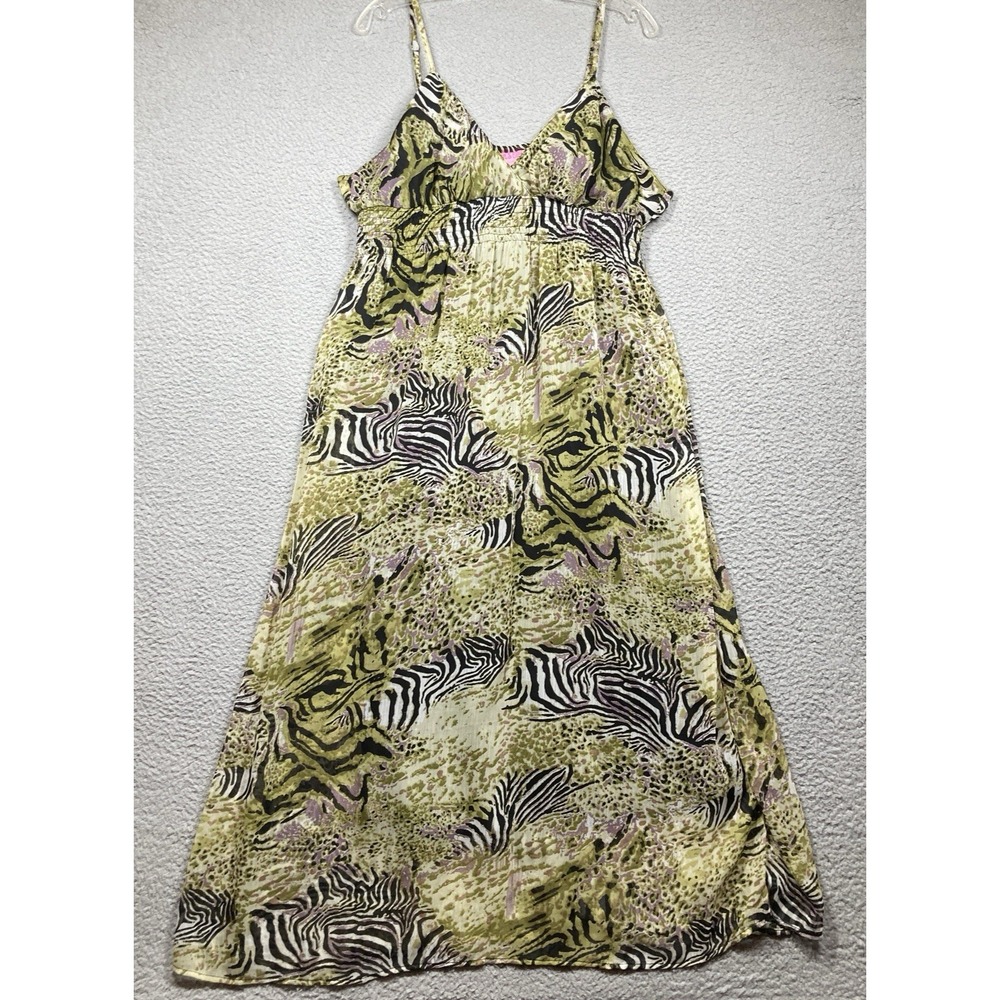 She's‎ Cool Midi Sun Dress Womens Juniors XL Green Zebra Print Babydoll Lined